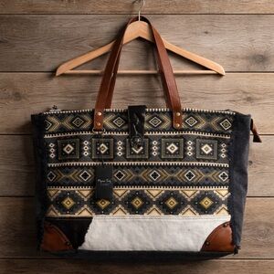 Myra Bag Black, White & Brown Aztec Pattern Tote